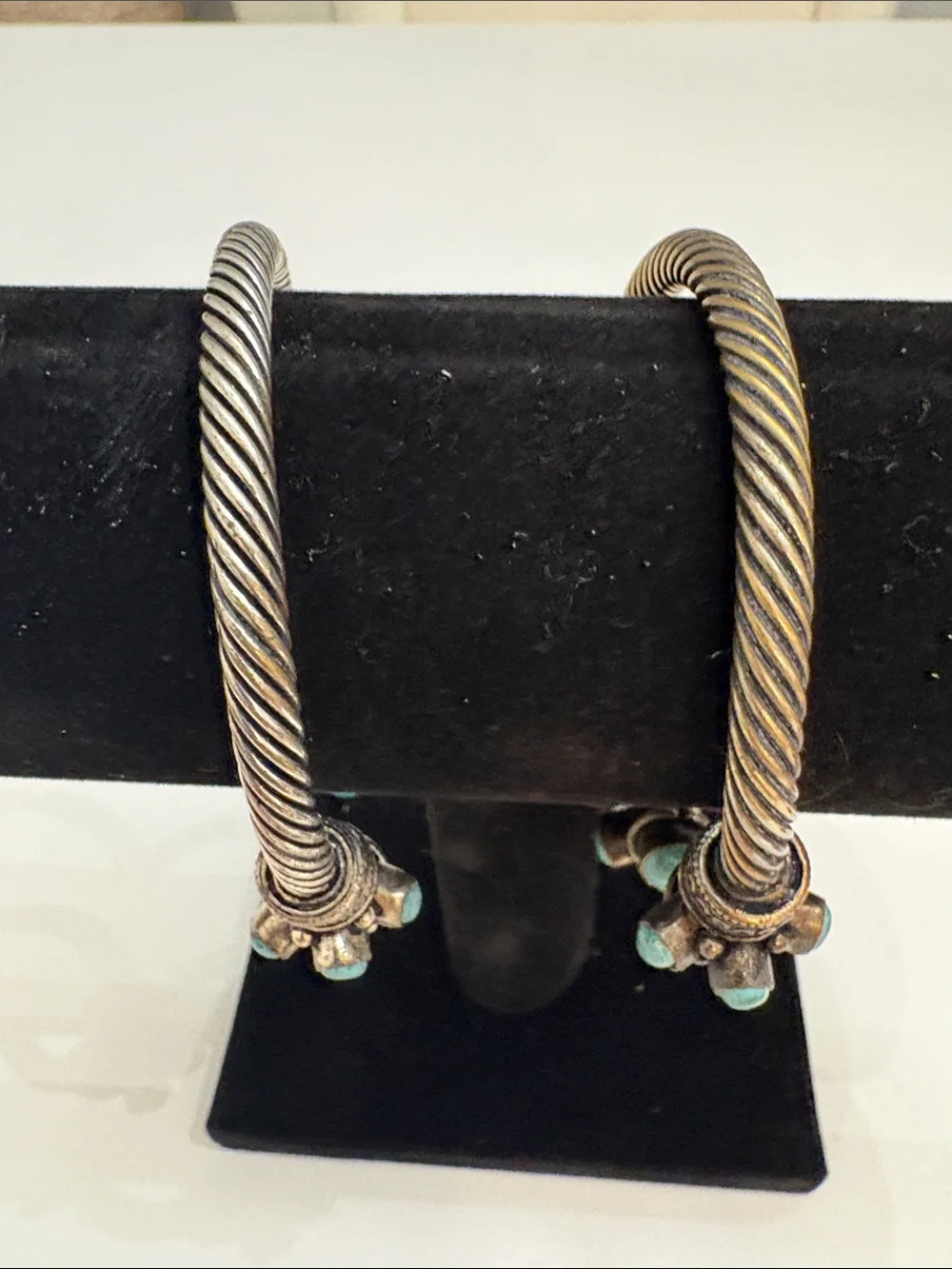 Vintage Tribal Silver Plated Cable Cuff Bracelets-2 Bangle Torque w/ Turquoise